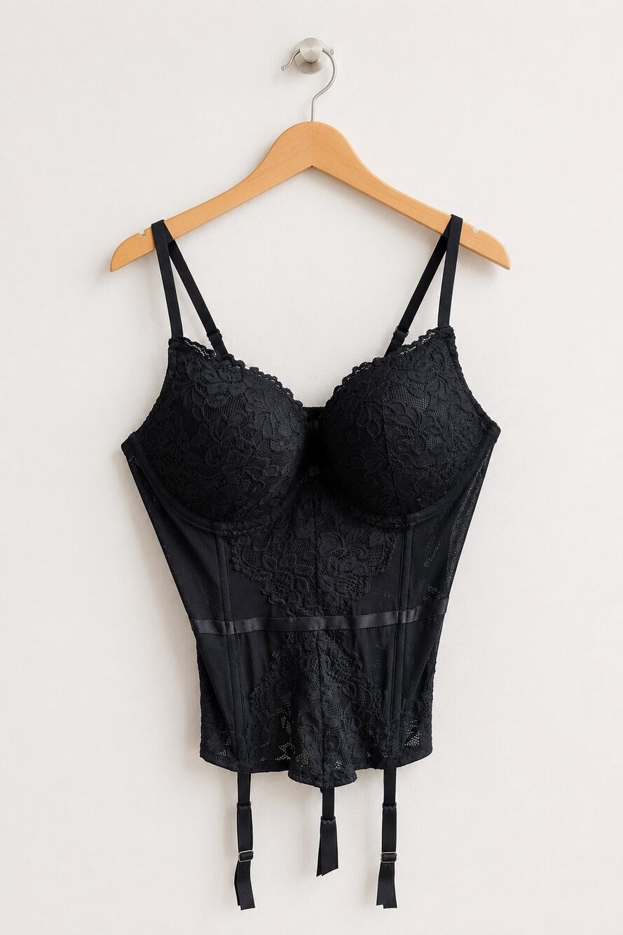 Frederick’s of Hollywood Black Lace Bustier Corset Garter Teddy NWT XL